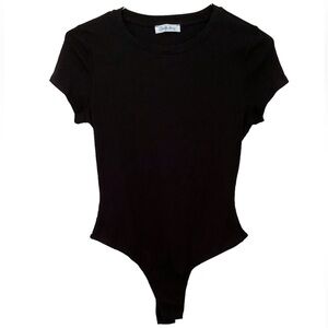 Charlotte Avery NWOT Black Ribbed Knit Thong Bodysuit Tee T-Shirt Size L…